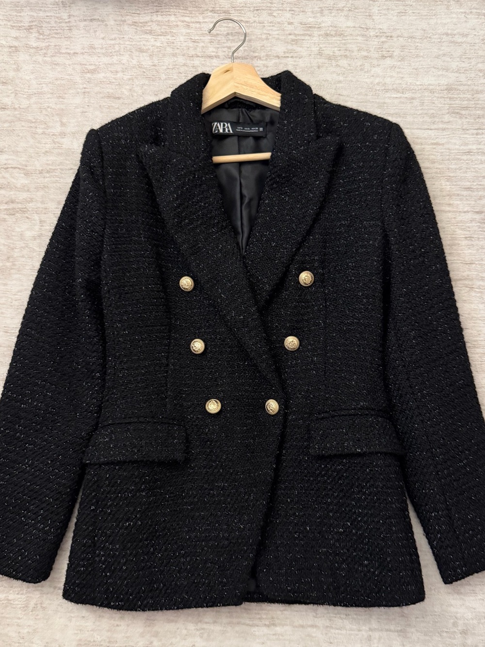 Zara Black Tweed Double-Breasted Blazer with Gold Buttons